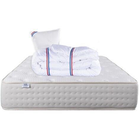 Matelas Purlux, 26cm, latex, indépendance du couchage, face été/hiver + Oreiller + Couette, 90x190cm