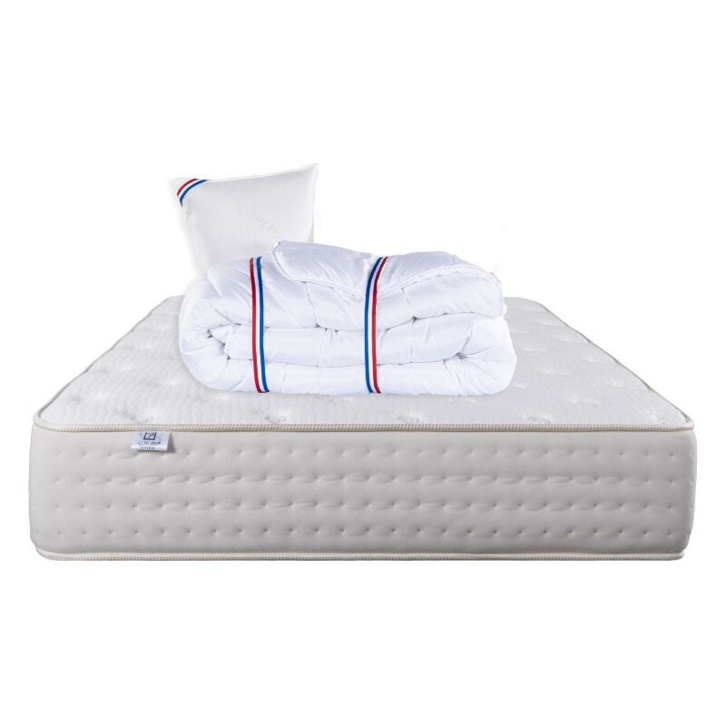 Blumie - Matelas Purlux, 26cm, latex, indépendance du couchage, face été/hiver + Oreiller + Couette, 90x190cm