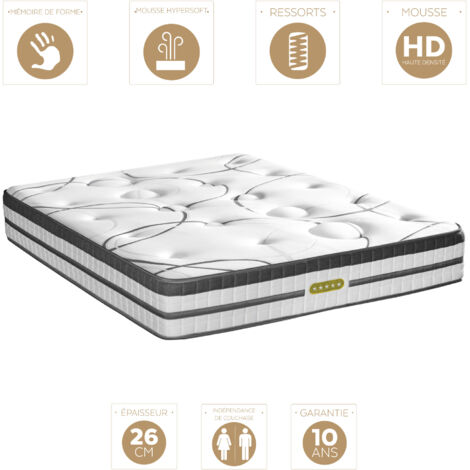 Matelas ressorts ensachés 160x200cm – Épaisseur 26cm – Ferme – Accueil mémoire de forme – Indépendance de couchage élevée – Maison Aubertin