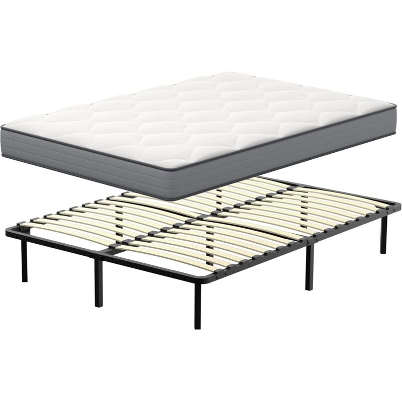 Matelas Ressorts ensachés et sommier 160x200 Ensemble DEWINNER, Matelas à mémoire de Forme et Ressorts+Sommiers à Lattes avec 9 Pieds pour Adulte,