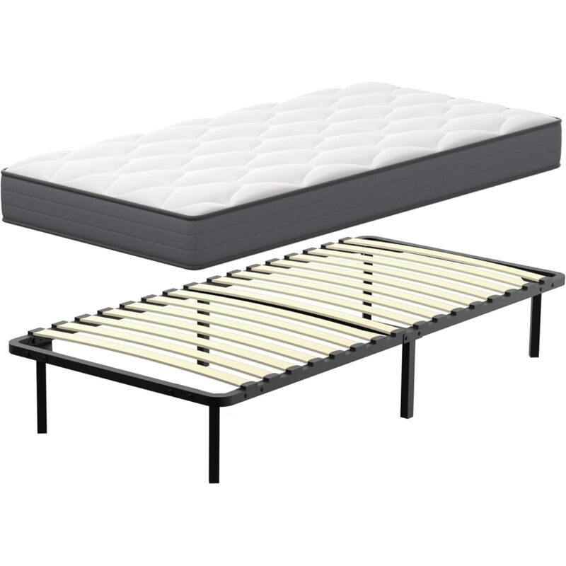 Matelas Ressorts ensachés et sommier 90x190 Ensemble DEWINNER, Matelas à mémoire de Forme et Ressorts+Sommiers à Lattes avec 6 Pieds pour Adulte,