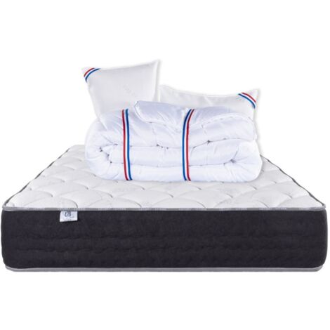 Matelas Serenite, Ressorts Ensachés, Mousse Haute Densité, ergonomique, Soutien très ferme + Oreiller + Couette, 140x190cm