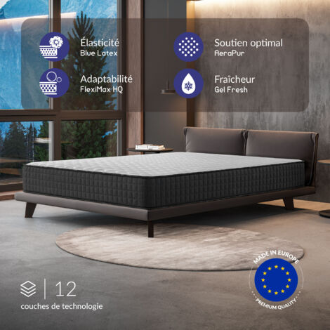 Naturalex – Matelas mousse à mémoire de forme 140x190 – Épaisseur 24 cm – Soutien latex bleu – 7 zones de confort – Housse amovible et lavable