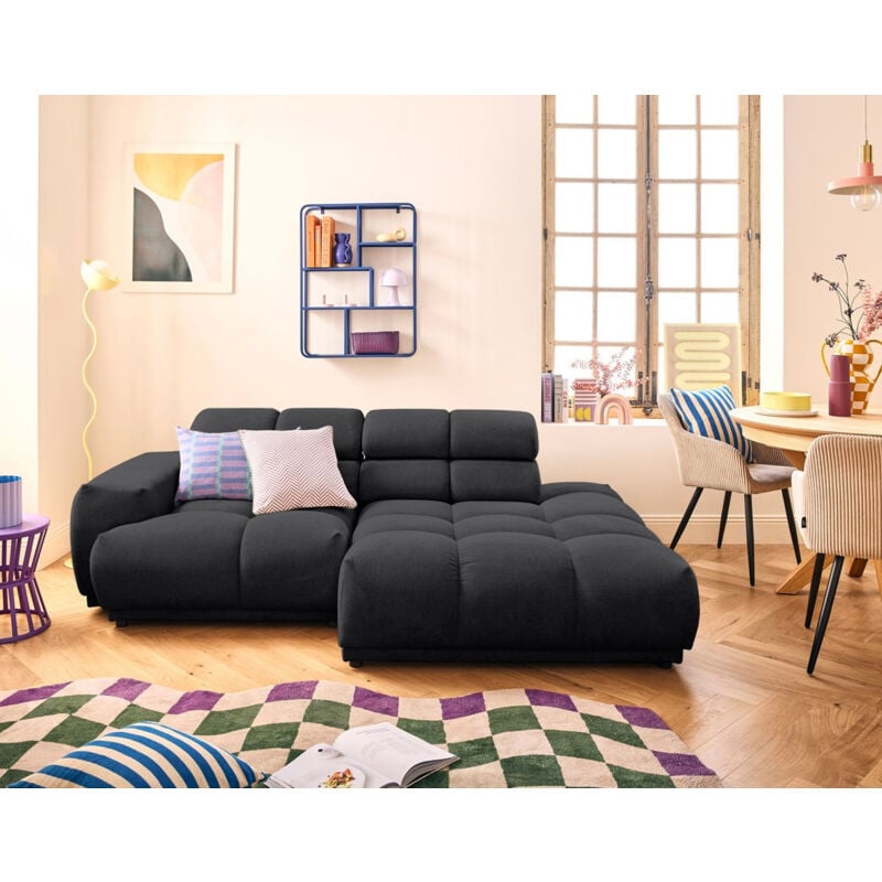 Lisa Design - Matera - canapé d'angle droit 3 places avec têtières réglables en tissu texturé - noir