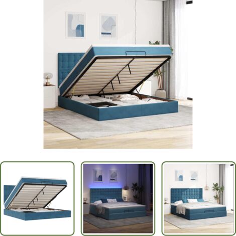Materasso a molle insacchettate -  Pouf Letto con Materassi e LED Blu Scuro 200x200cm Velluto