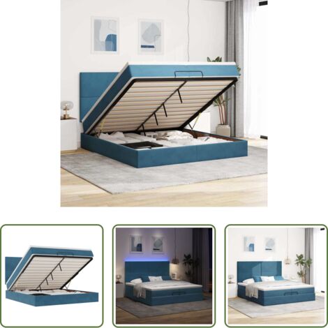 Materasso a molle insacchettate -  Pouf Letto con Materassi e LED Blu Scuro 200x200cm Velluto
