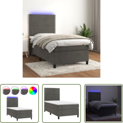 Materasso a molle -  Letto a Molle con Materasso e LED Grigio Scuro 90x200cm Velluto