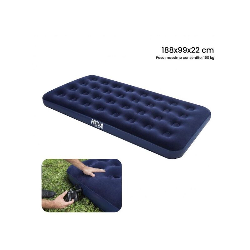 Trade Shop Traesio - Colchón Individual Hinchable Cama Azul Flocked Plus 188X99X22Cm Camping 67001