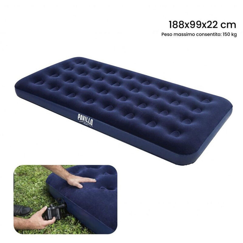 Trade Shop - Materasso Gonfiabile Singolo Airbed Blu Floccato Plus 188X99X22Cm Campeggi 67001 -