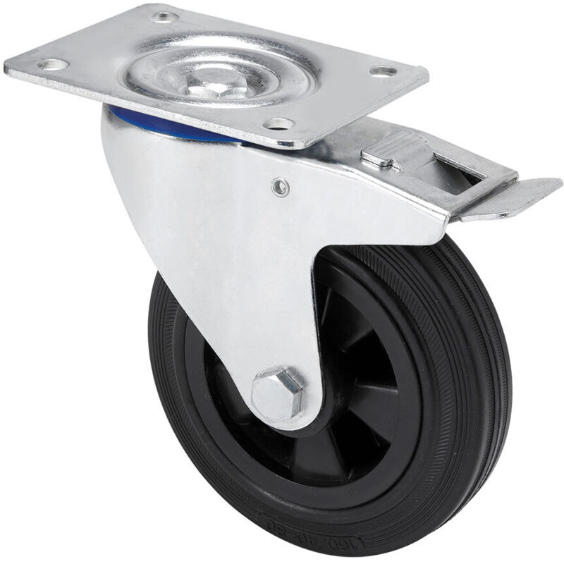 Ruota girevole di gomma naturale con piastra, asse liscio e freno, colore nero, carico massimo 80 kg, ø 10 cm