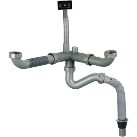 Matériau : Kit de vidange flexible à double évier monté à l'arrière avec trop-plein, adapté aux éviers de cuisine (tête de trop-plein carrée).
