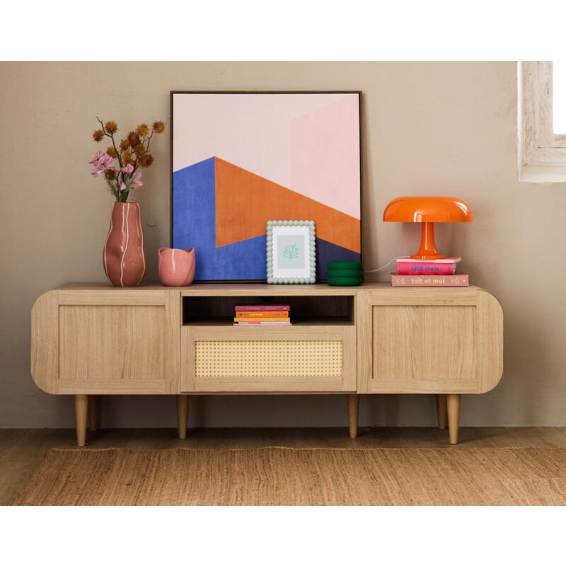 Bestmobilier - Mathilde - meuble tv - bois et cannage - 160 cm
