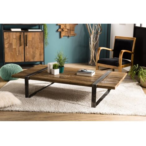 MATHIS - Table basse multi-planches marron bois cerclée métal gris
