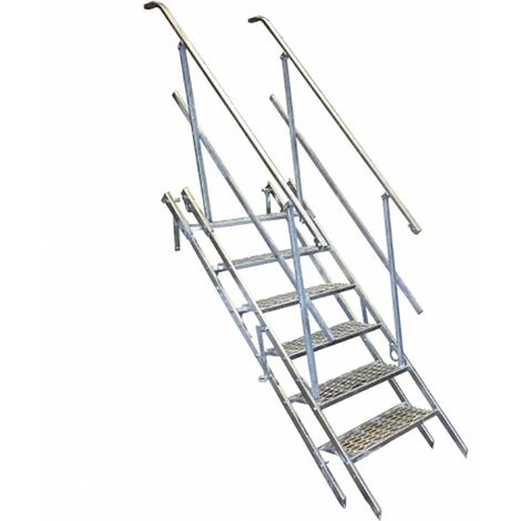 Matisère – Escalier droit 3 marches – Hauteur max 0.84m – Inclinaison réglable 30 à 55° – Marches caillebotis acier – Double main-courante 1.05m