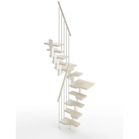 Matisère – Escalier quart tournant 11 marches – Hauteur réglable 2.41 à 2.85m – Largeur 61cm – Structure acier blanche – Marches en bois massif blanchi