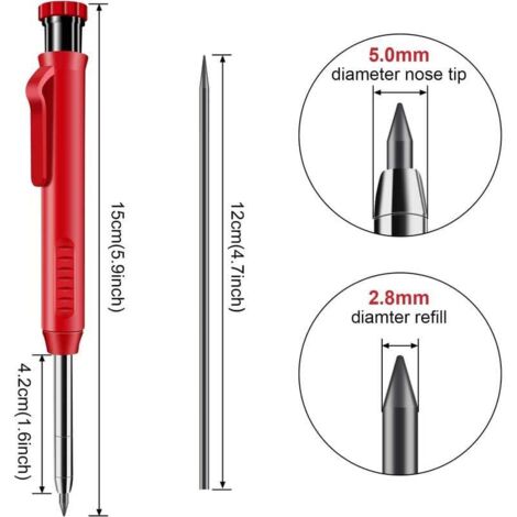 Matite da carpentiere rosse, portamine con temperamatite incorporato e 6 mine, matite da carpentiere con foro profondo, matite da costruzione a naso lungo, strumento di marcatura per legno, vetro e ce