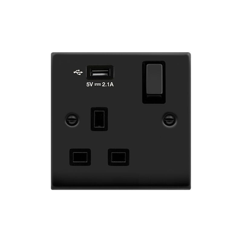 Se Home - Matt Black 1 Gang 13A dp Ingot 1 usb Switched Plug Socket - Black Trim