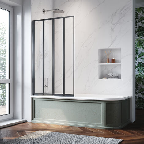 Matt Black 4 Fold Bath Screen 900x1400mm Tempered Glass Panel