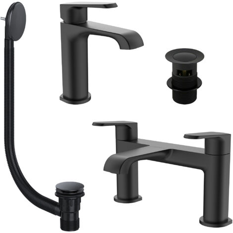 Matt Black Basin Sink Tap & Bath Filler Set with Matching Waste Plugs