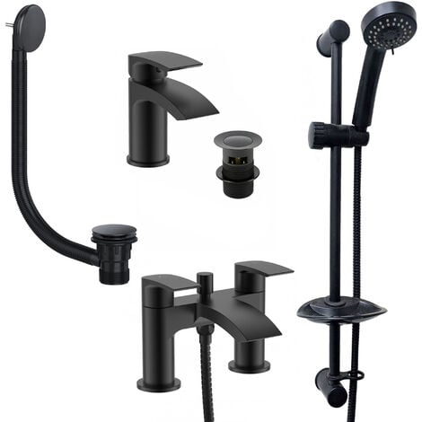 FNX BATHROOMS Matt Black Curve Basin Sink Tap & Bath Shower Mixer Slider Rail Kit & Matching Waste Plug