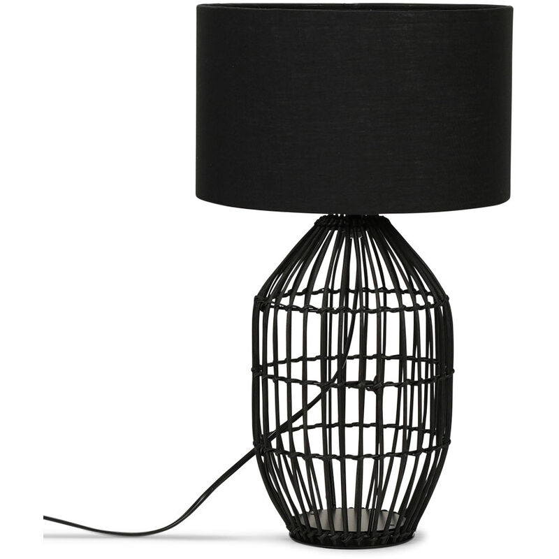 Matt Black Rattan Table Lamp With Fabric Lampshade - Black - Including LED Bulb