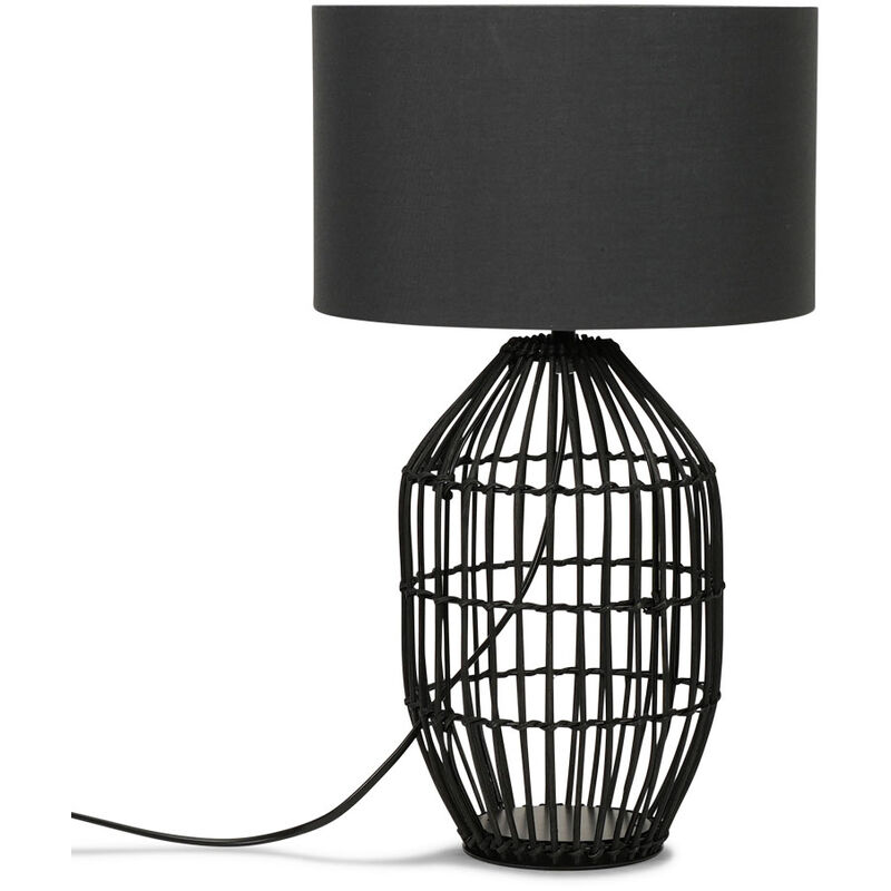 Matt Black Rattan Table Lamp With Fabric Lampshade - Dark Grey - Including LED Bulb