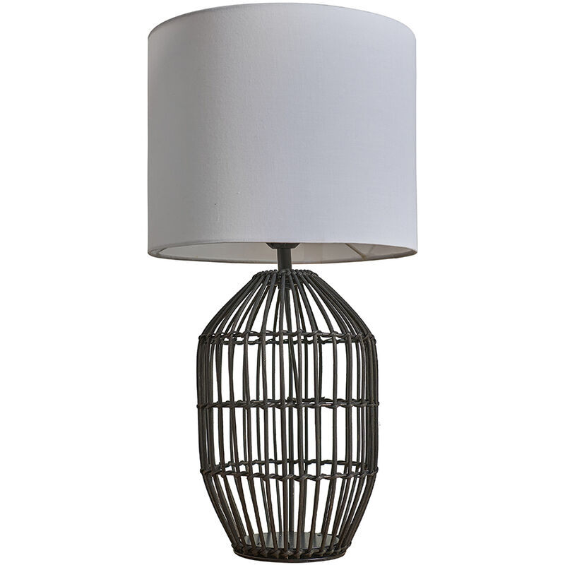 Matt Black Rattan Table Lamp With Fabric Lampshade - White - Including LED Bulb