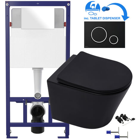 GRAVAHAUS Matt Black Rimless ECO Wall Hung Toilet Pan, Seat & 1.12m Concealed WC 3-in-1 Cistern Frame inc. Flush Plate