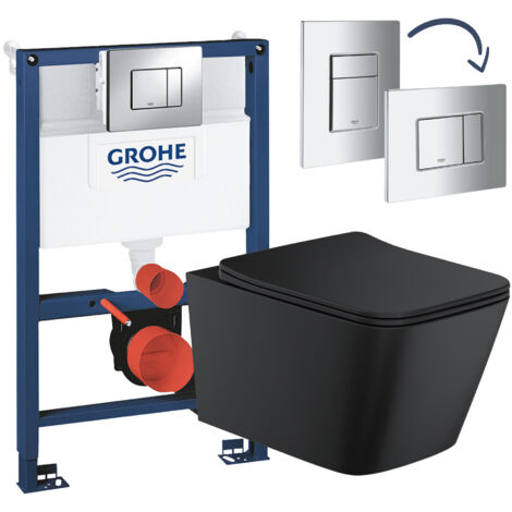 Matt Black Rimless Square Wall Hung Toilet with Grohe Rapid 0.82m Low Height Concealed Cistern Frame Set - Chrome Plate