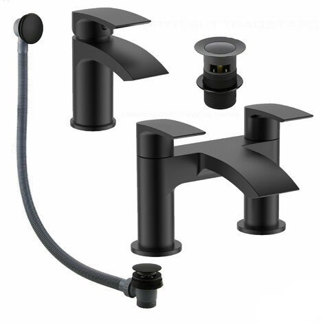 GRAVAHAUS Matt Black Round Basin Sink Tap & Bath Filler Set with Matching Waste Plugs