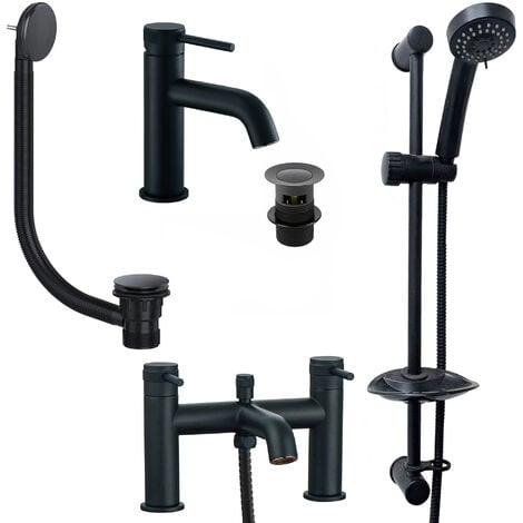 FNX BATHROOMS Matt Black Round Basin Sink Tap & Bath Shower Mixer Slider Rail Kit & Matching Waste Plug