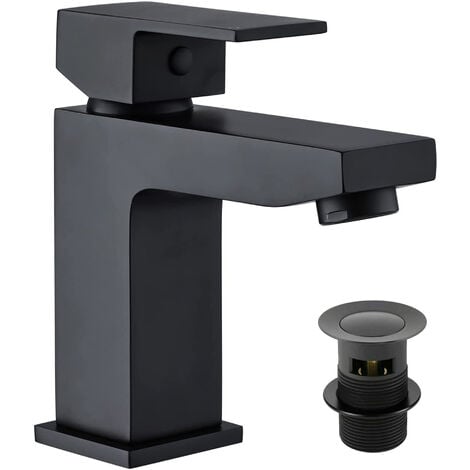 FNX BATHROOMS Matt Black Square Modern Bathroom Basin Sink Mixer Tap & Waste