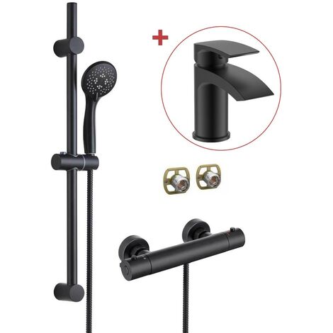 Matt Black Thermostatic Round Bar Mixer Shower Valve + Riser + Fast Fit Kit +Tap