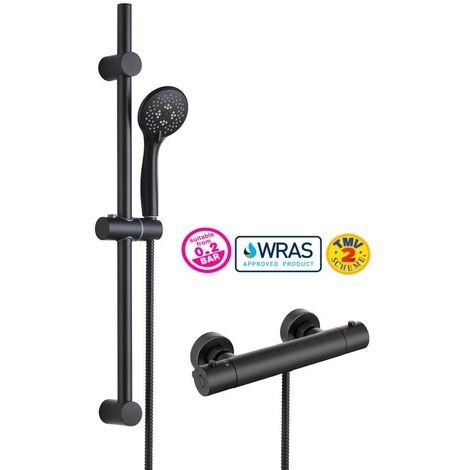 BUYAPARCEL Matt Black Thermostatic Round Bar Mixer Shower Valve + Riser Rail + Head + Hose