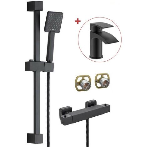 Matt Black Thermostatic Square Bar Mixer Shower + Riser Kit + Fast Fit Kit + Tap