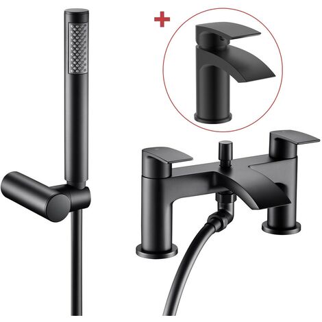 Matt Black Waterfall Curve Deck Mounted Bath Shower Mixer + Shower Head + Tap