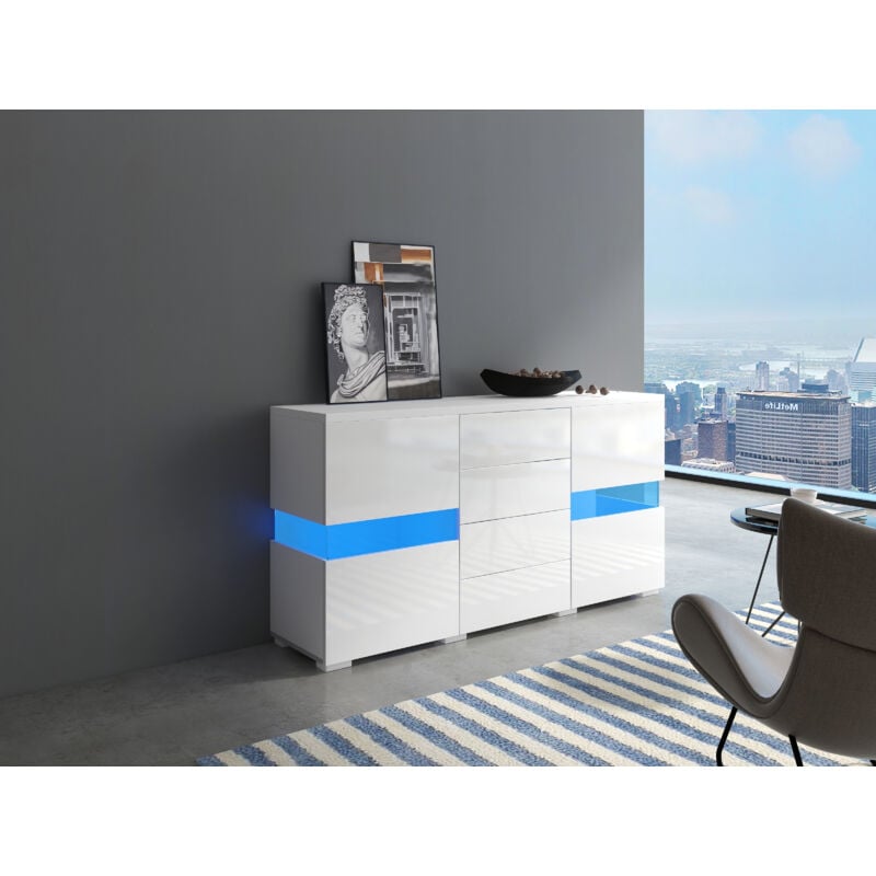 Matt & High Gloss White Sideboard Cabinet Storage Cupboard Unit 16 Colours Led Lighted For Dining Room Living Room