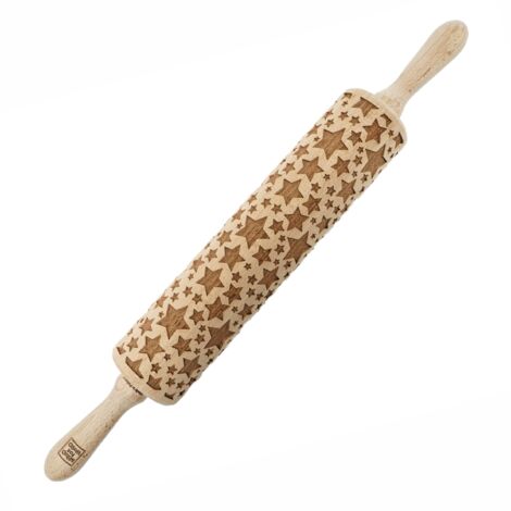 Mattarello in legno MoodForWood, goffrato, 43 cm con manici, perfetto per la cottura al forno - Motivo a stella