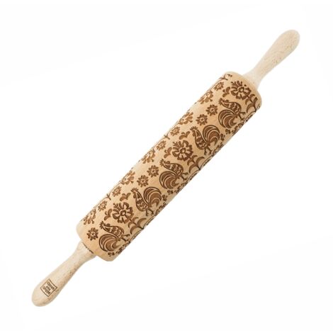 Mattarello in legno MoodForWood, inciso, 43 cm con manici, perfetto per la cottura al forno - Motivo gallo popolare