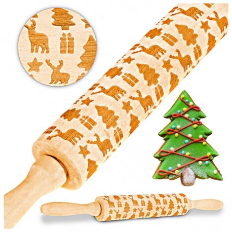 Mattarello inciso in legno con struttura a tema natalizio per biscotti di pan di zenzero
