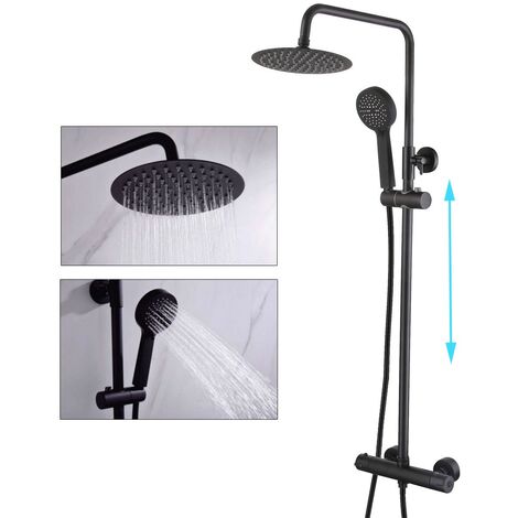 Matte Black Bathroom Thermostatic Mixer Shower Set Round Twin Head Exposed Valve