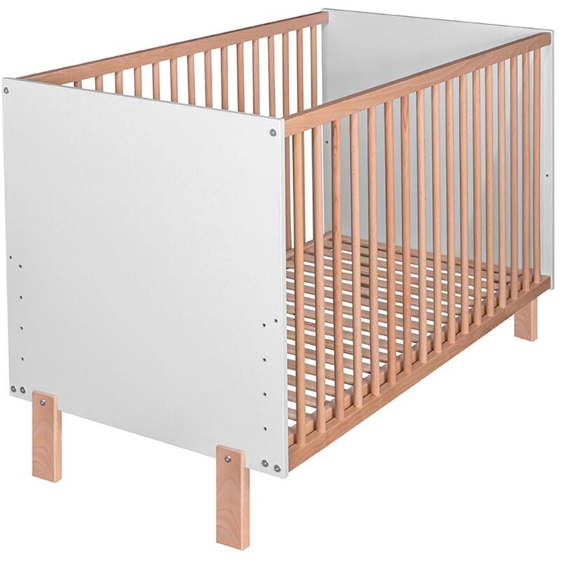 Monmobilierdesign - matti Lit bébé évolutif à barreaux pieds droits vernis écologique design moderne Blanc / Bois 120x60 cm