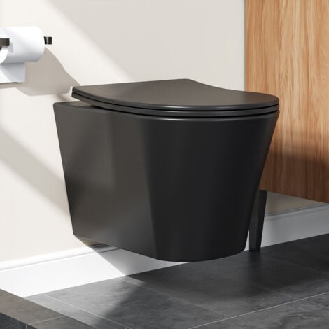 Mattschwarz Hänge WC Wand Toiletten mit Toilettendeckel mit Absenkautomatik - Toilette Kloschüssel Keramik mit Nano Beschichtung - WC Einloch-Superspin-Spülung