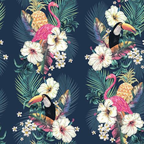 main image of "Maui Wallpaper Accessorize Tropical Floral Toucan Navy Pink Paste The Wall"