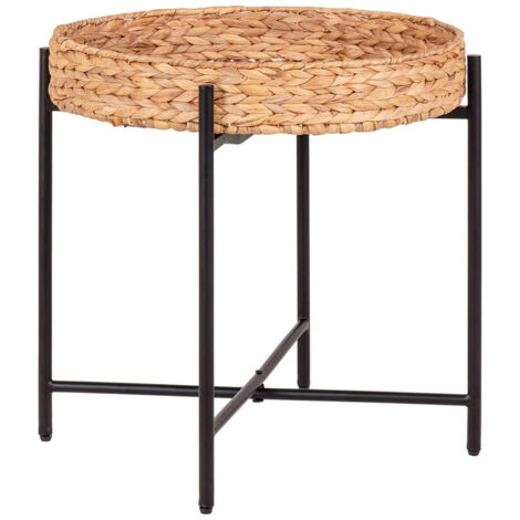 MAUREEN - Table d'appoint Plateau en Jacinthe Tressée Amovible Pieds en Métal Laqué Noir