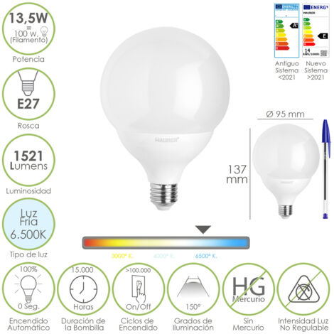 MAURER 19073176 Lampadina Led Globe Sphere E27. 13,5 Equivalente a 100 Watt. 1521 Lumen. Luce fredda 6500º K W, Multicolore, unica.