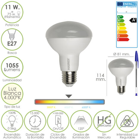 MAURER Bombilla Led Standar Rosca E27 (Gorda) 11 Watt. Equivale a 75 Watt. 1055 Lumenes. Luz Blanca (4.000º K) A+