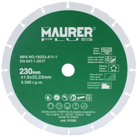 MAURER disco de corte para madera y plasticos ø 230 x 1,6 mm.