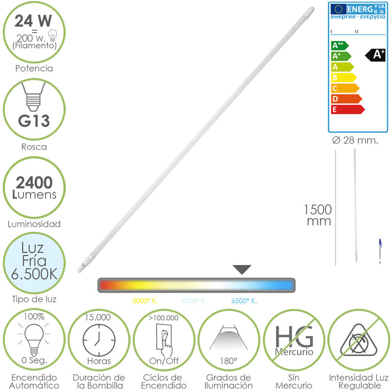 

Tubo Led Recto T8 / G13 - 24 W. 2400 Lumen 6.500º K Ø 28 mm. Longitud 150 cm.