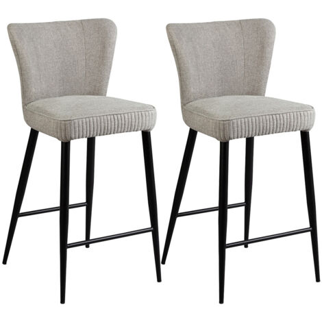 MAURINE - Lot de 2 Tabourets de Bar Tissu Gris Clair Chiné Pieds Métal Noir Mat